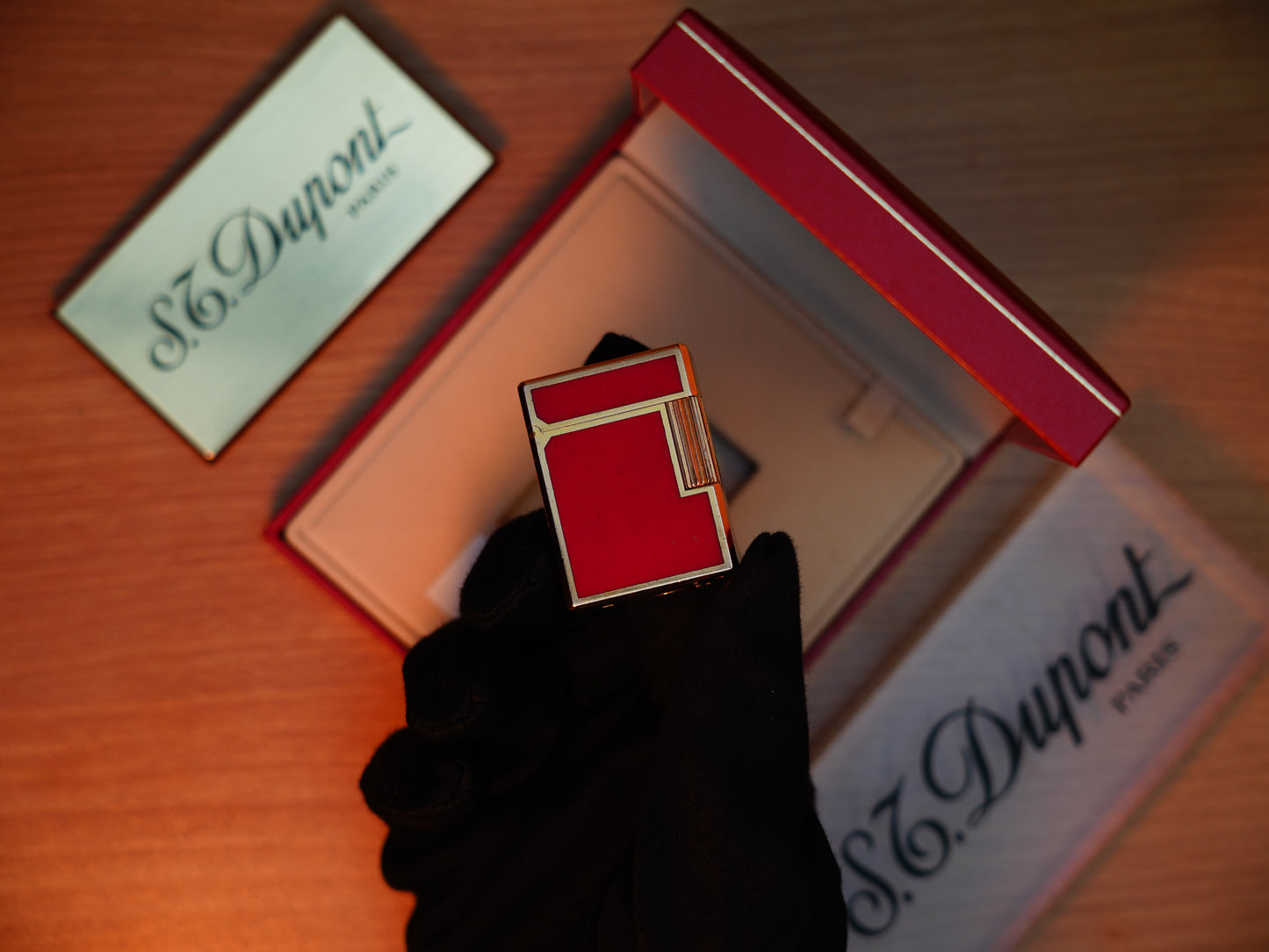 Vintage 1980 St Dupont Ligne 1 Heavy 24k Gold Finish and natural Red lacquer Small Size / with box and document