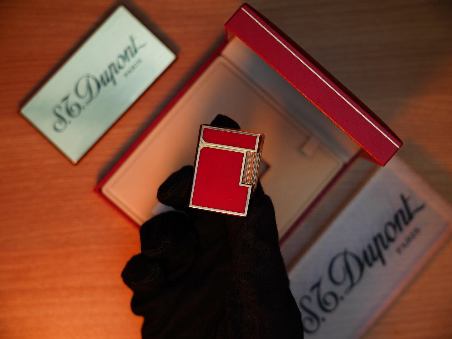 Vintage 1980 St Dupont Ligne 1 Heavy 24k Gold Finish and natural Red lacquer Small Size / with box and document
