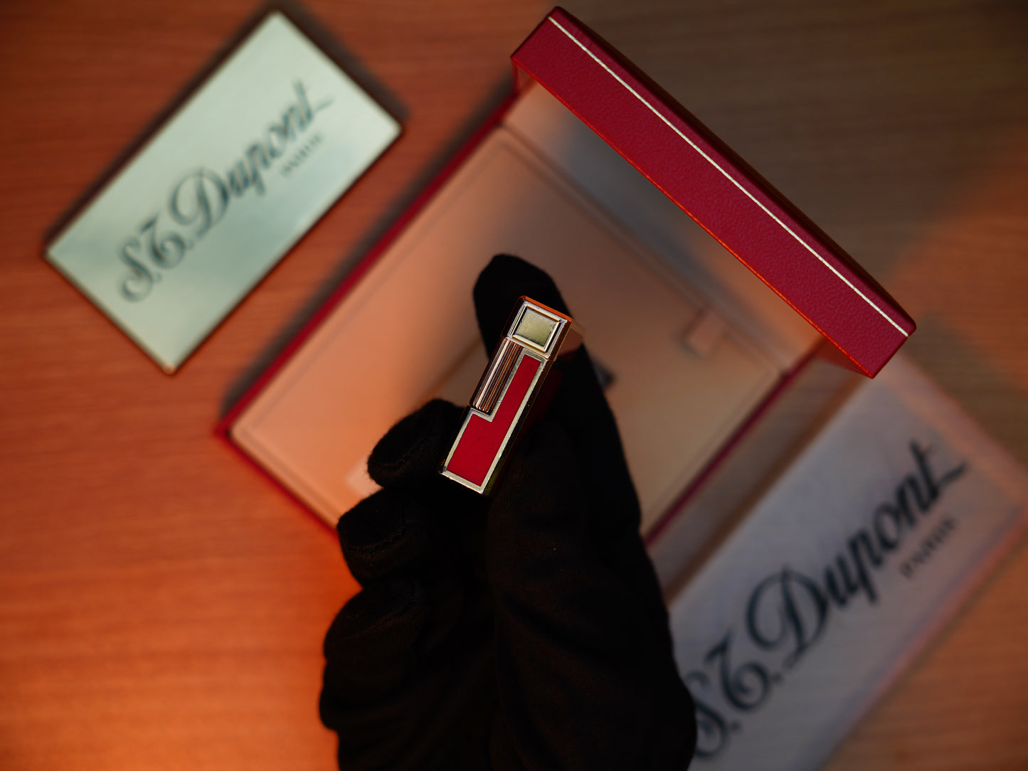 Vintage 1980 St Dupont Ligne 1 Heavy 24k Gold Finish and natural Red lacquer Small Size / with box and document