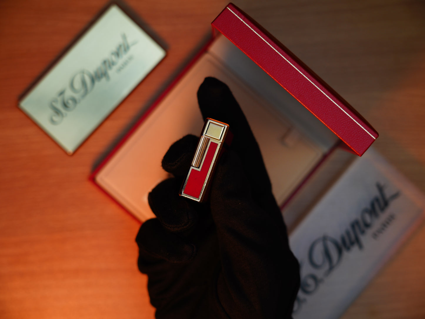 Vintage 1980 St Dupont Ligne 1 Heavy 24k Gold Finish and natural Red lacquer Small Size / with box and document