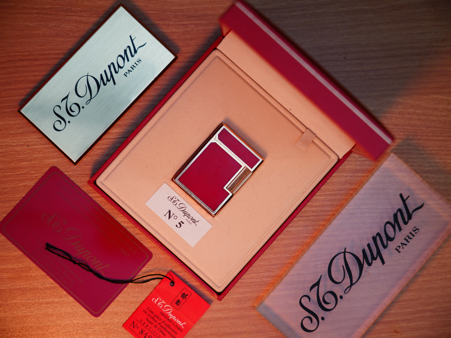 Vintage 1980 St Dupont Ligne 1 Heavy 24k Gold Finish and natural Red lacquer Small Size / with box and document