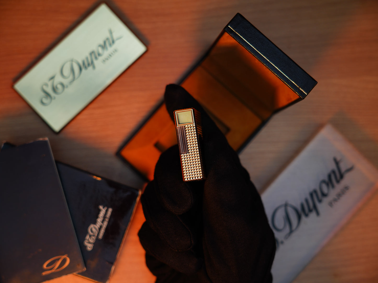 Vintage 1980 St Dupont Ligne 1 Heavy 24k Gold Finish Small Size famous Diamond Head Pattern / Full Set with box and document