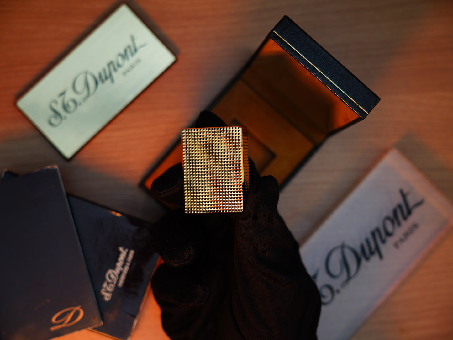 Vintage 1980 St Dupont Ligne 1 Heavy 24k Gold Finish Small Size famous Diamond Head Pattern / Full Set with box and document