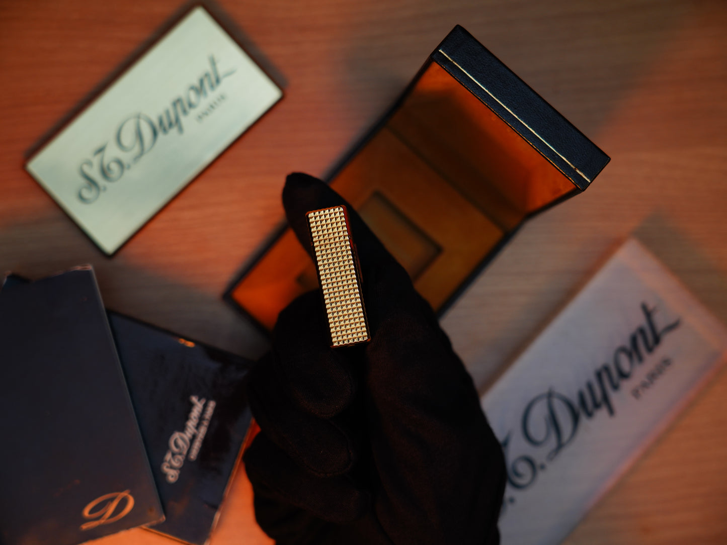 Vintage 1980 St Dupont Ligne 1 Heavy 24k Gold Finish Small Size famous Diamond Head Pattern / Full Set with box and document