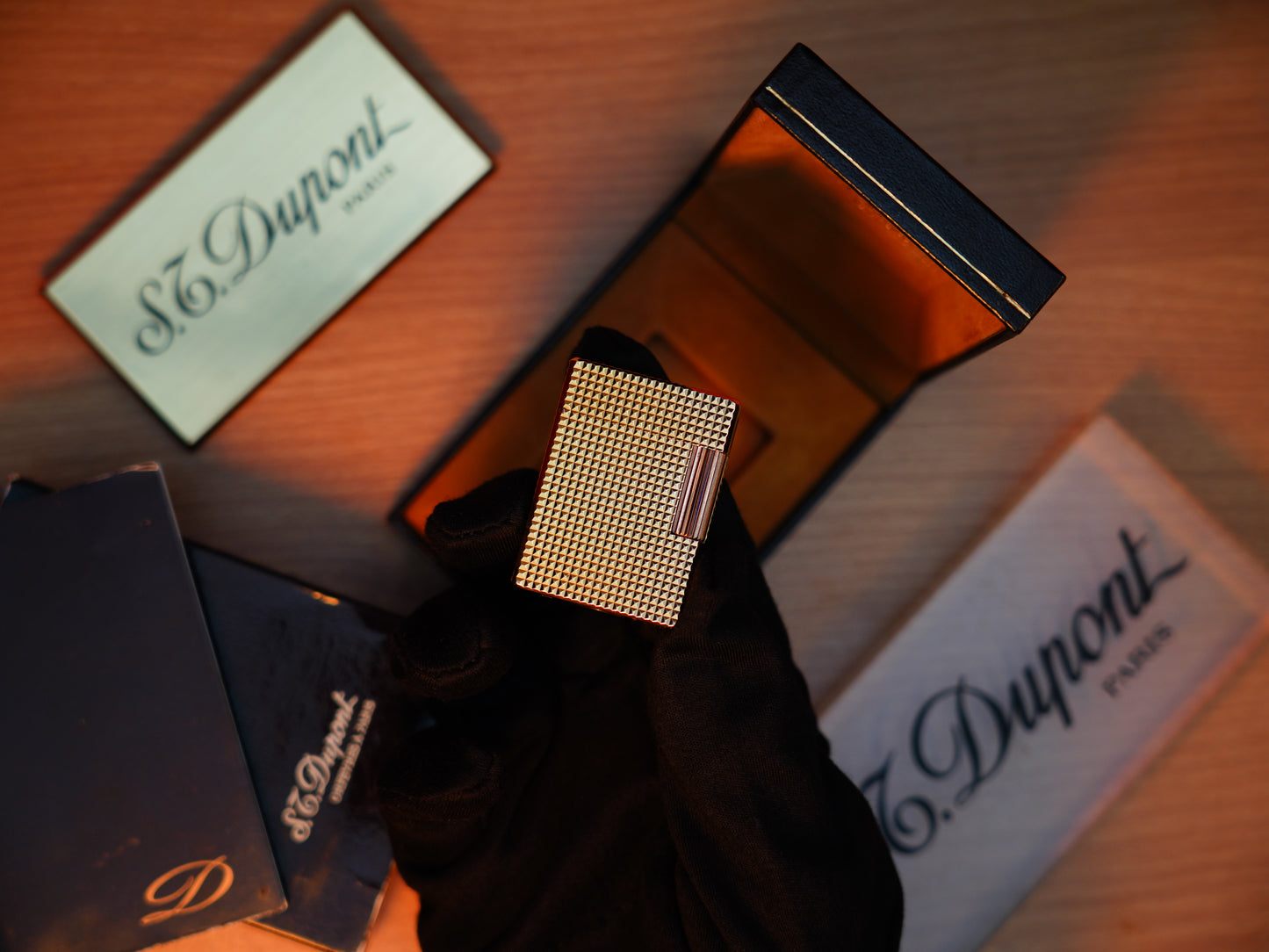Vintage 1980 St Dupont Ligne 1 Heavy 24k Gold Finish Small Size famous Diamond Head Pattern / Full Set with box and document
