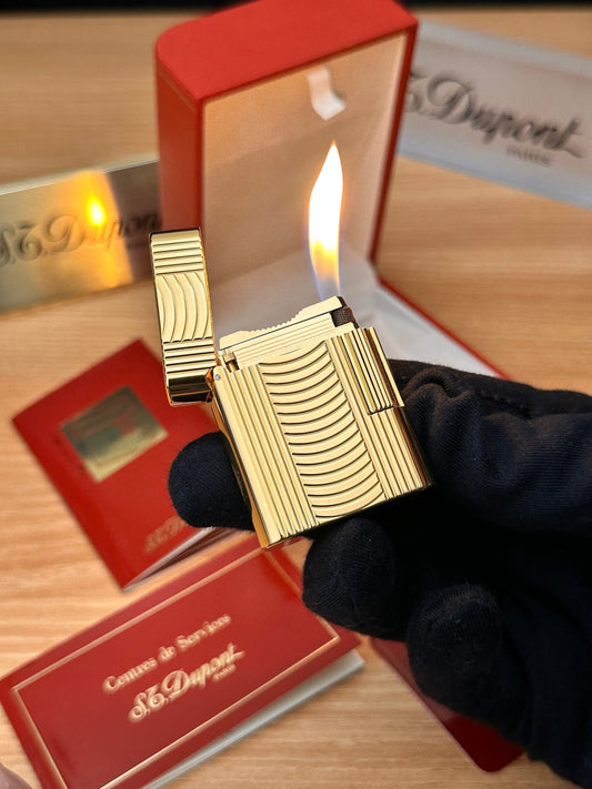 Vintage 1994 St Dupont rare Soubreny 24k Gold finish lines lighter \ full set box & all documents \ amazing condition \working perfect