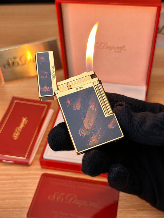 Vintage 1982 St Dupont rare Monteparnase 24k Gold natural black lacquer fire pattern lighter \ full set box & all documents \ good condition