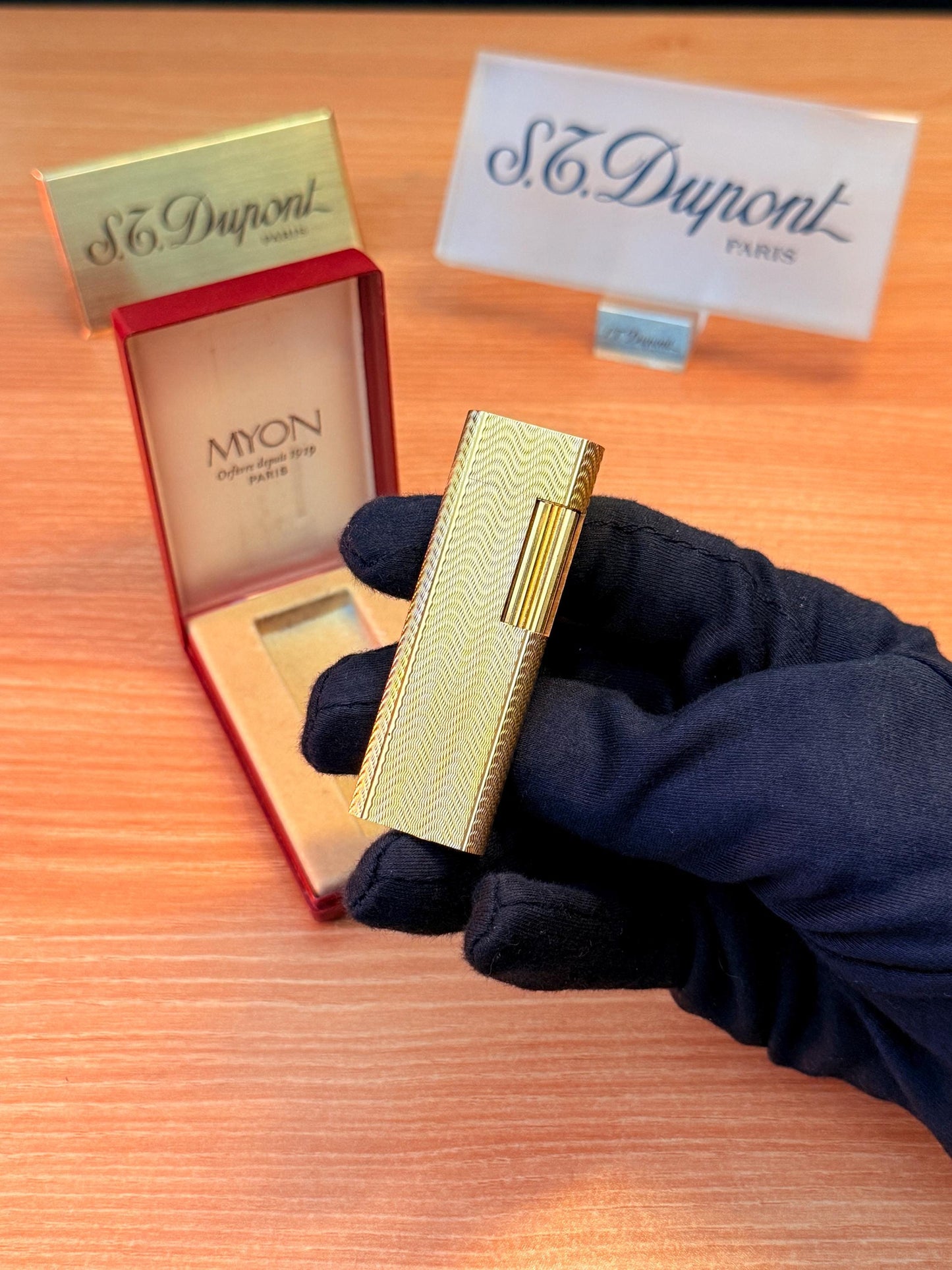 vintage 1970 Rare 24k Gold Finish Myon lighter Paris Made from 1919 with box and documents / working perfect in good condition with initial