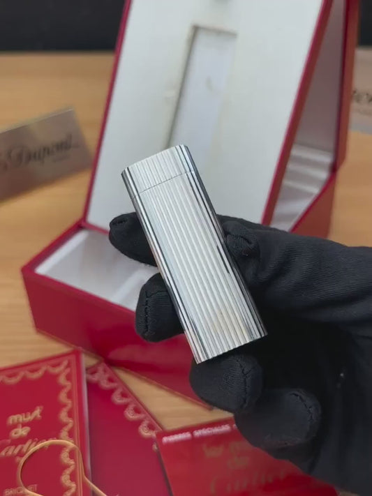 Vintage 1970 Cartier lighter Heavy Silver Plated famous Vertical Line Pattern / amazing condition , original box and documents