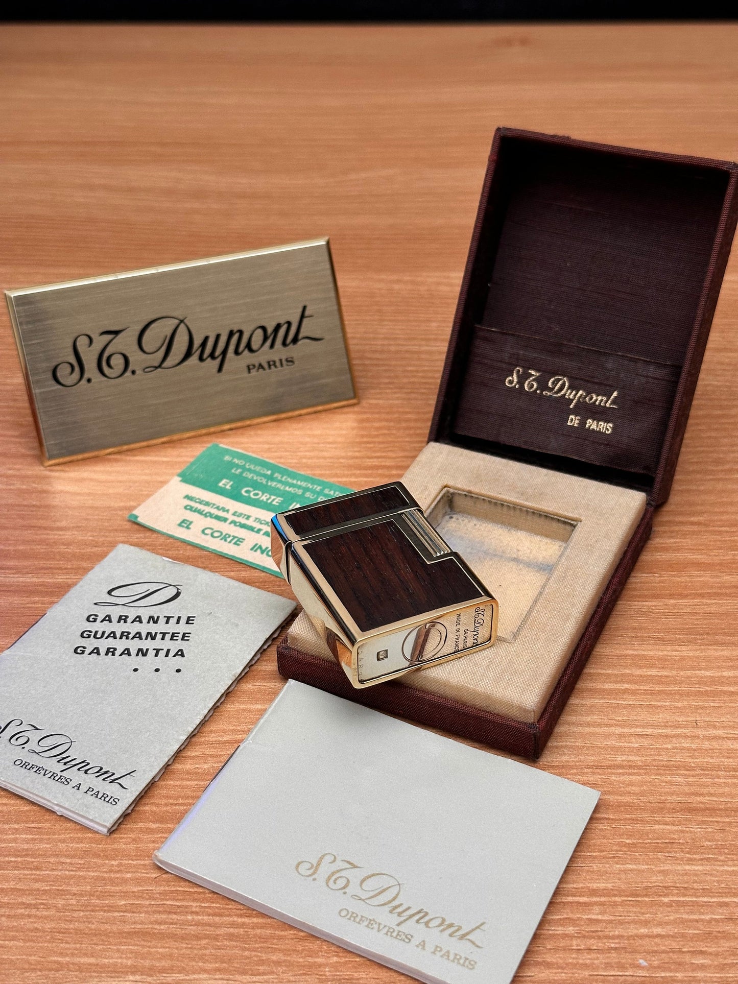 Vintage 1970 St Dupont Solid 18k Gold and Real Wood with 750 hallmark \ fantastic condition \ impossible to find \ full set with box papers