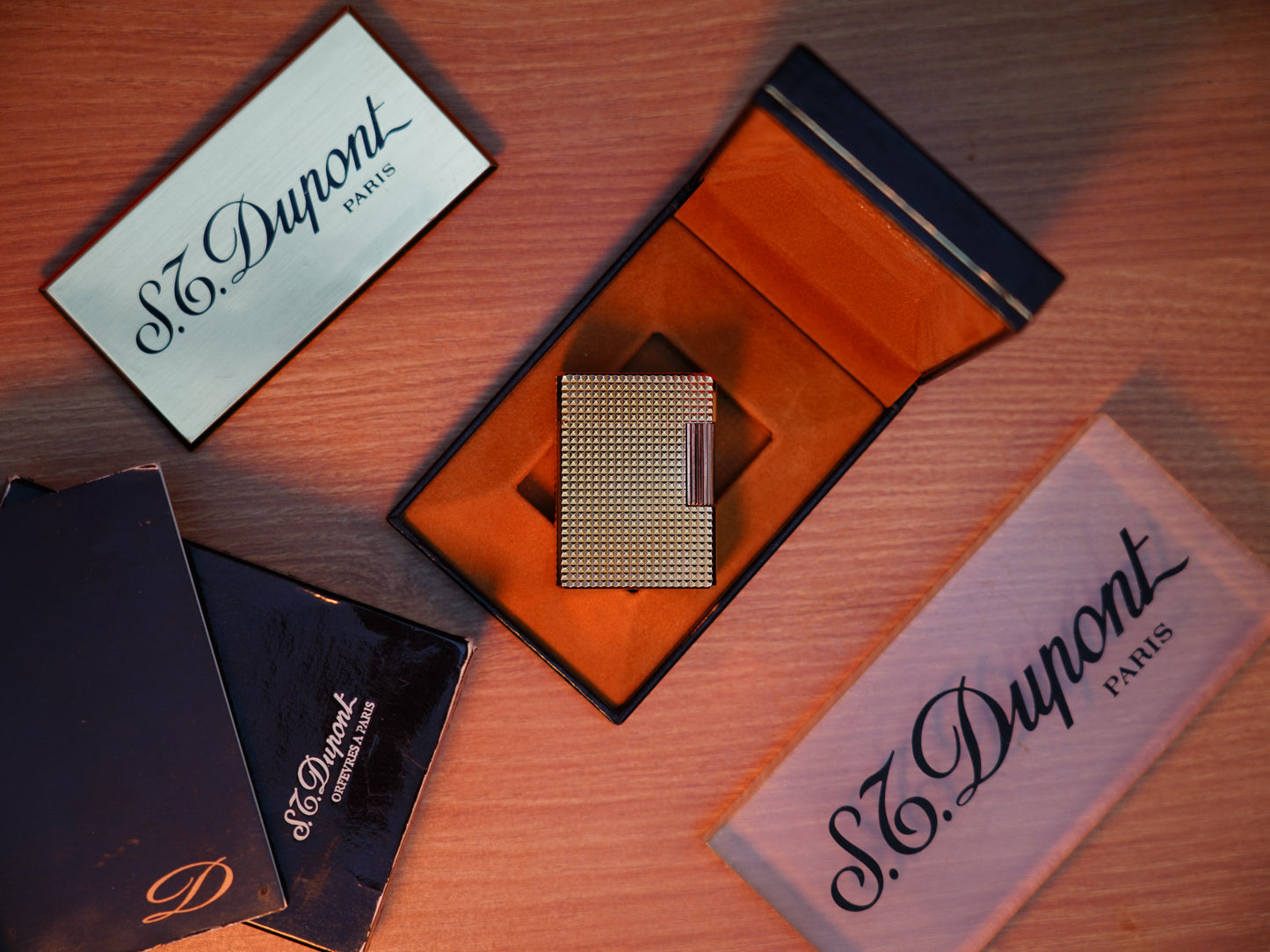 Vintage 1980 St Dupont Ligne 1 Heavy 24k Gold Finish Small Size famous Diamond Head Pattern / Full Set with box and document
