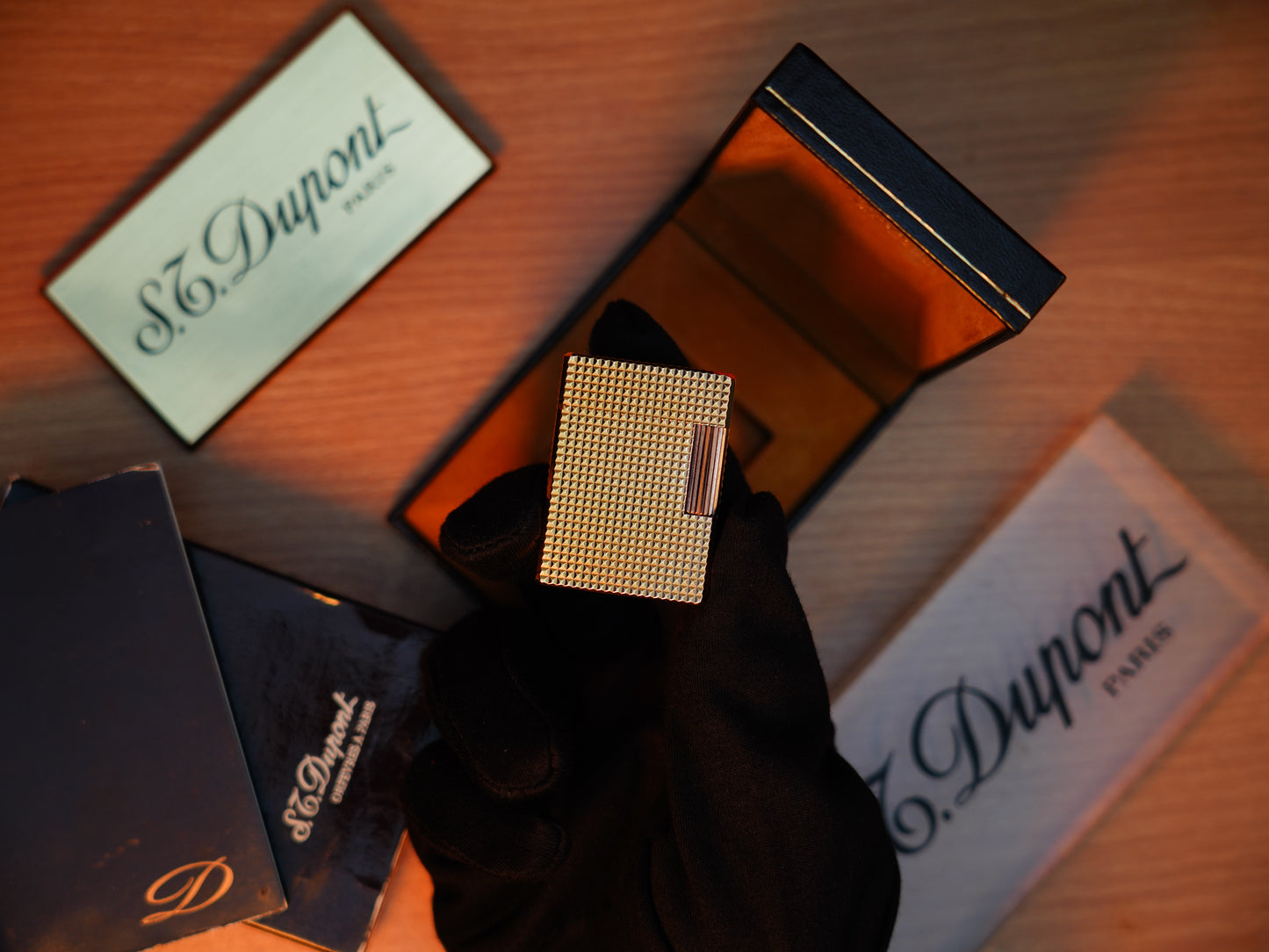 Vintage 1980 St Dupont Ligne 1 Heavy 24k Gold Finish Small Size famous Diamond Head Pattern / Full Set with box and document