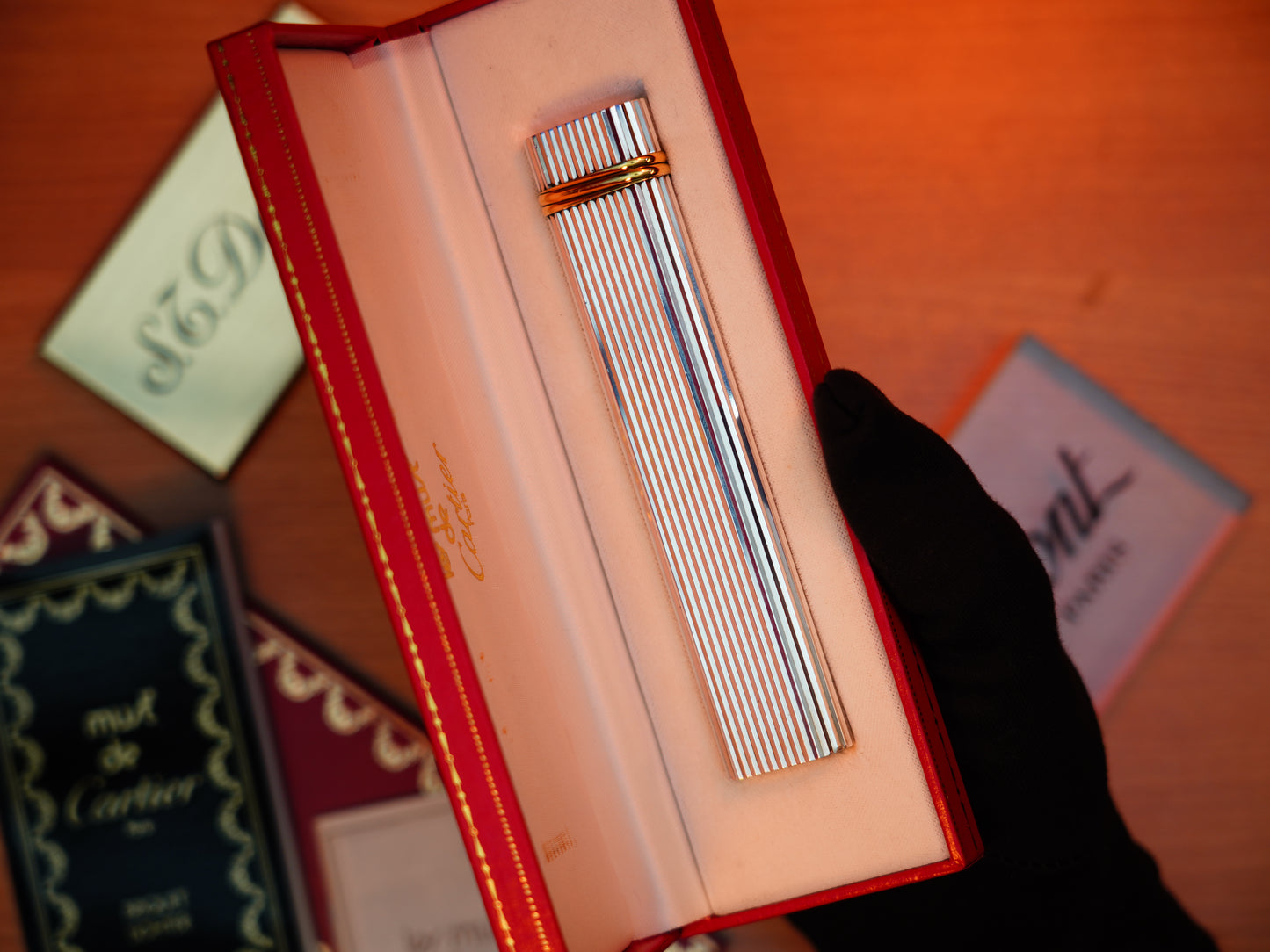 Vintage 1980 Cartier heavy Silver finish and 24k Love Gold Ring Vertical Line / Full Set with box and document