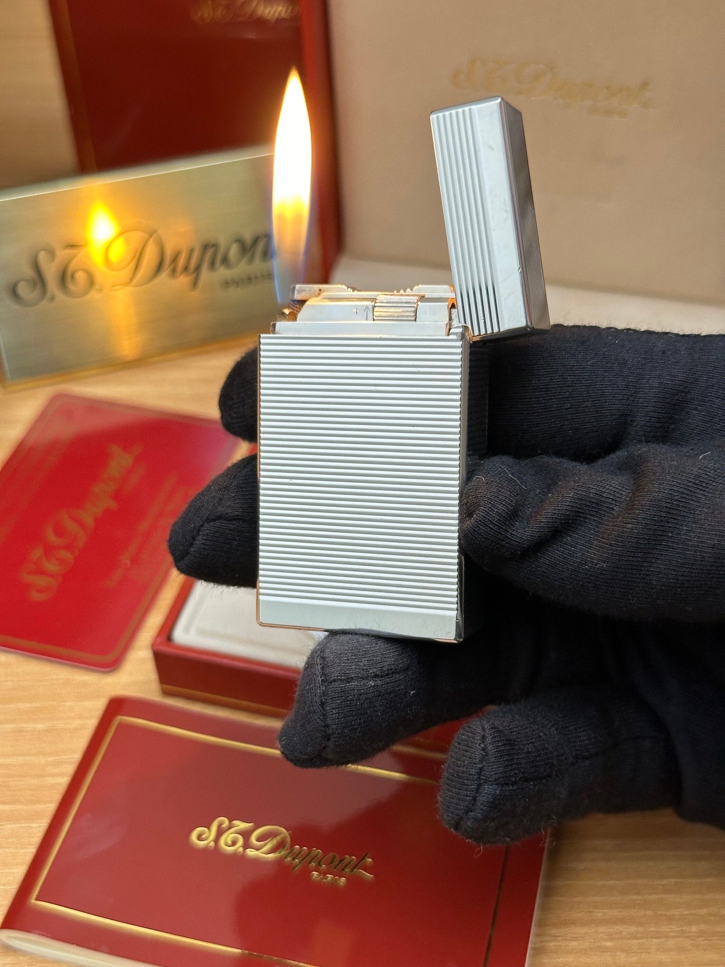 Authentic 1980 St dupont ligne 1 Heavy Silver Plated working amazing / full set with box and documents / pre-owned with initials
