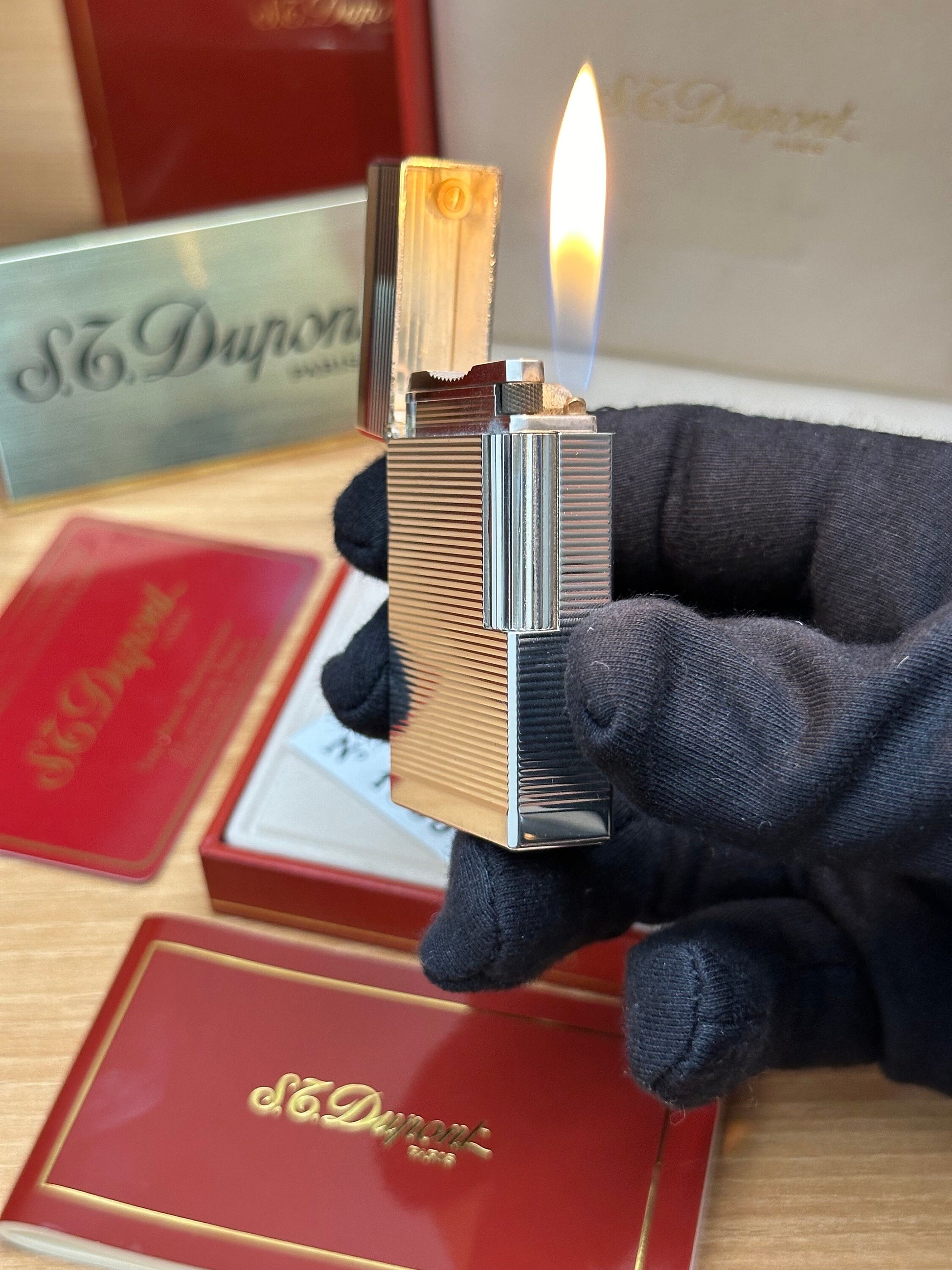 Authentic 1980 St dupont ligne 1 Heavy Silver Plated working amazing / full set with box and documents / pre-owned with initials