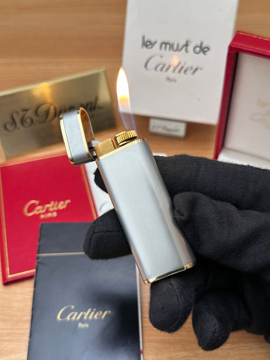 Vintage 1980 Cartier Solid 18k Gold & inox jacket lighter \ working perfect full set with all documents and guarantee \ in good condition