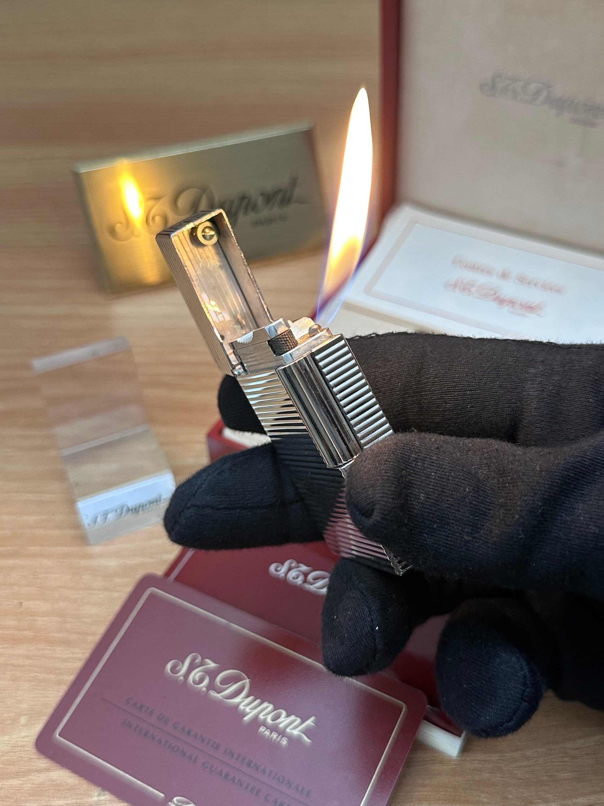Vintage 1990 St dupont line 1 Heavy Silver Plated working perfect Rare pipe flame / full set with box and documents / pre-owned with initial