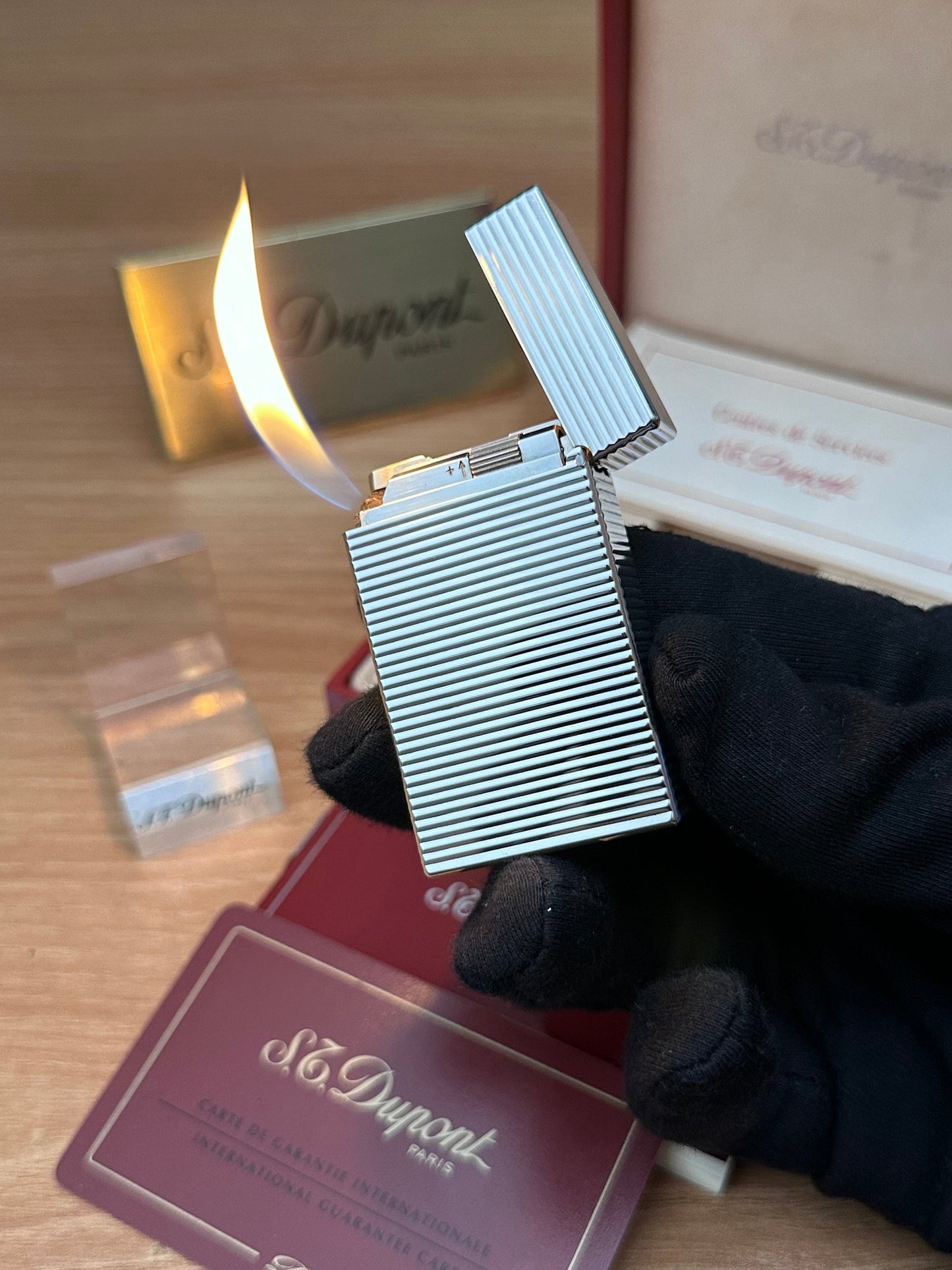 Vintage 1990 St dupont line 1 Heavy Silver Plated working perfect Rare pipe flame / full set with box and documents / pre-owned with initial