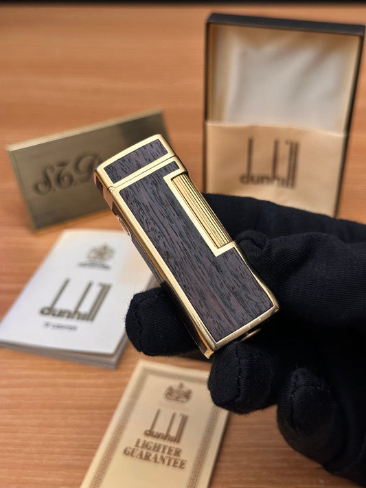 Vintage 1960 Dunhill Rollagas Solid 18k Gold Body designed with Real Thin wood \ jewelry made , working perfect \ collector’s item