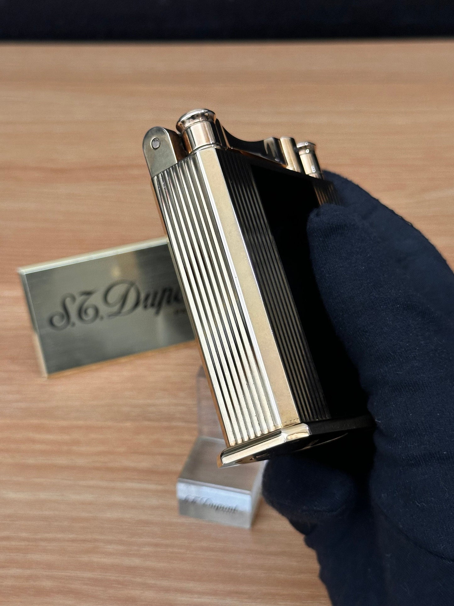 antique 1940 St Dupont Jeroboam Gold Finish Lacquered Petrol Table lighter / amazing condition working perfect